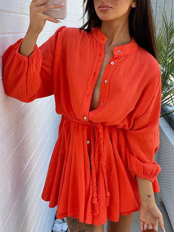 Solid Color Button Tie Mini Dress with Ruffled Hem – Leisure Style