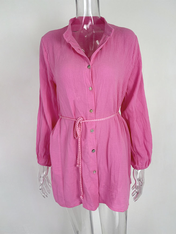Solid Color Button Tie Mini Dress with Ruffled Hem – Leisure Style