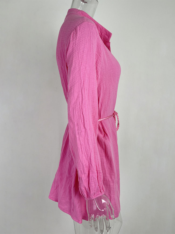 Solid Color Button Tie Mini Dress with Ruffled Hem – Leisure Style