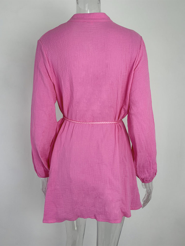 Solid Color Button Tie Mini Dress with Ruffled Hem – Leisure Style