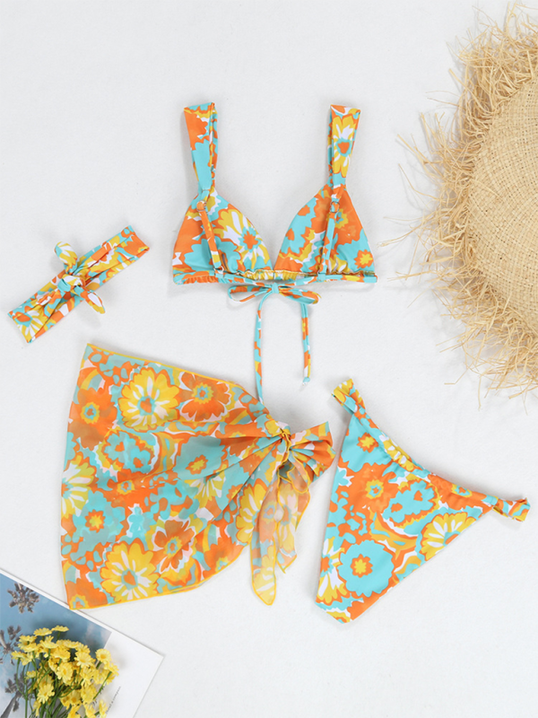 Printed 4-Piece Sexy Backless Bikini Set – Mix & Match Swimwear