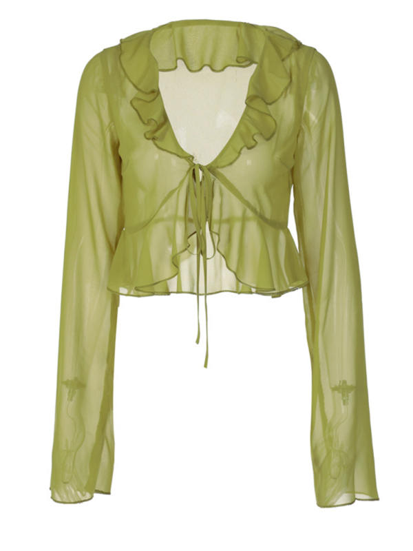 Sheer Ruffled Lace-Up Deep V-Neck Long Sleeve Top