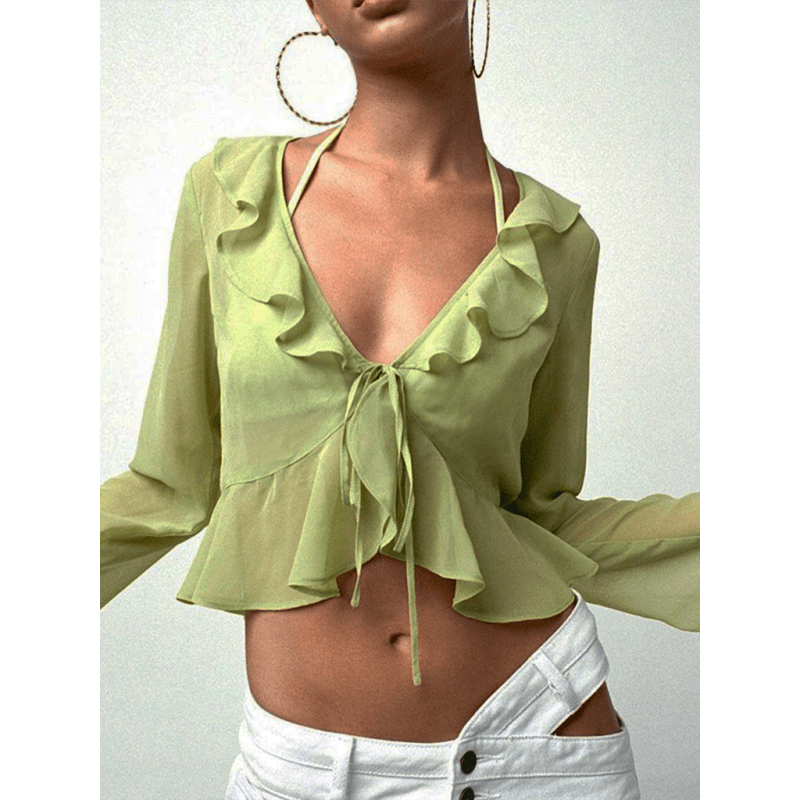 sheer-ruffled-lace-up-deep-v-neck-long-sleeve-topsmiling-maria---everything-for-women-34700638