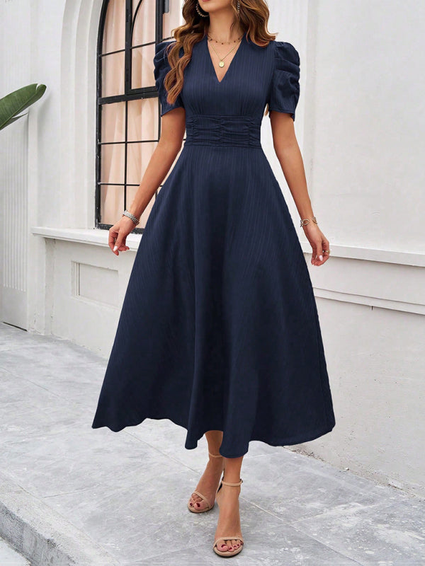 Elegant Solid Color Waist Dress – Deep V Neck, Spring-Summer Style