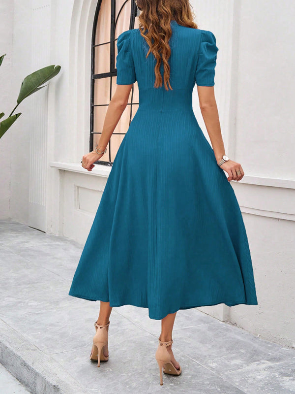 Elegant Solid Color Waist Dress – Deep V Neck, Spring-Summer Style