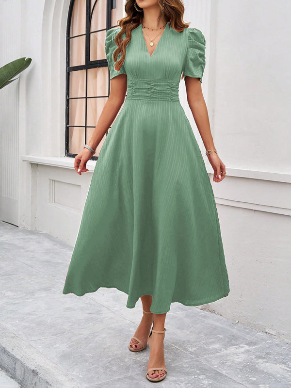 Elegant Solid Color Waist Dress – Deep V Neck, Spring-Summer Style