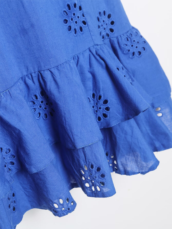 Layered Hollow Bra Short Dress – Cotton Blend, Embellished, Blue, Spring Style