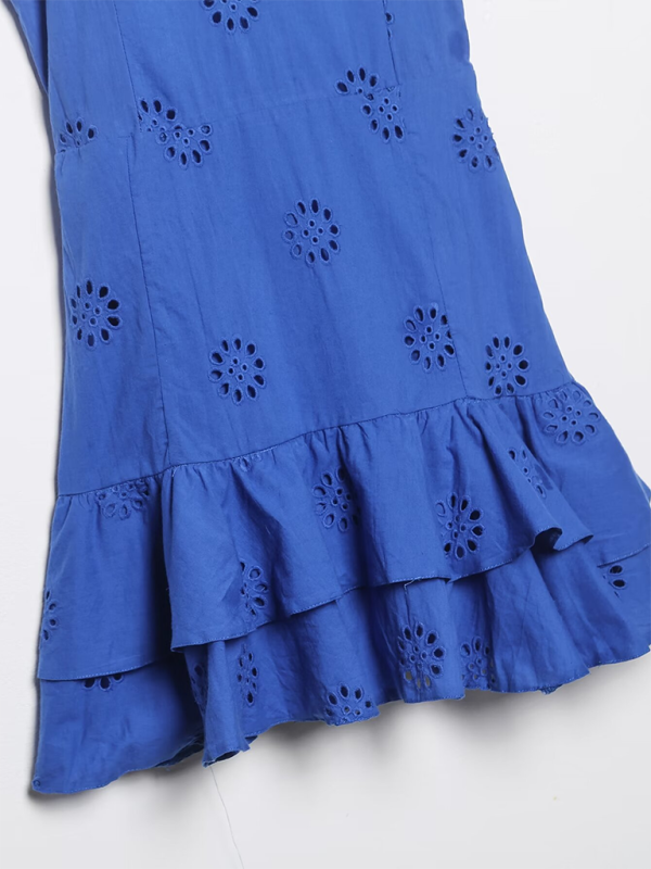 Layered Hollow Bra Short Dress – Cotton Blend, Embellished, Blue, Spring Style