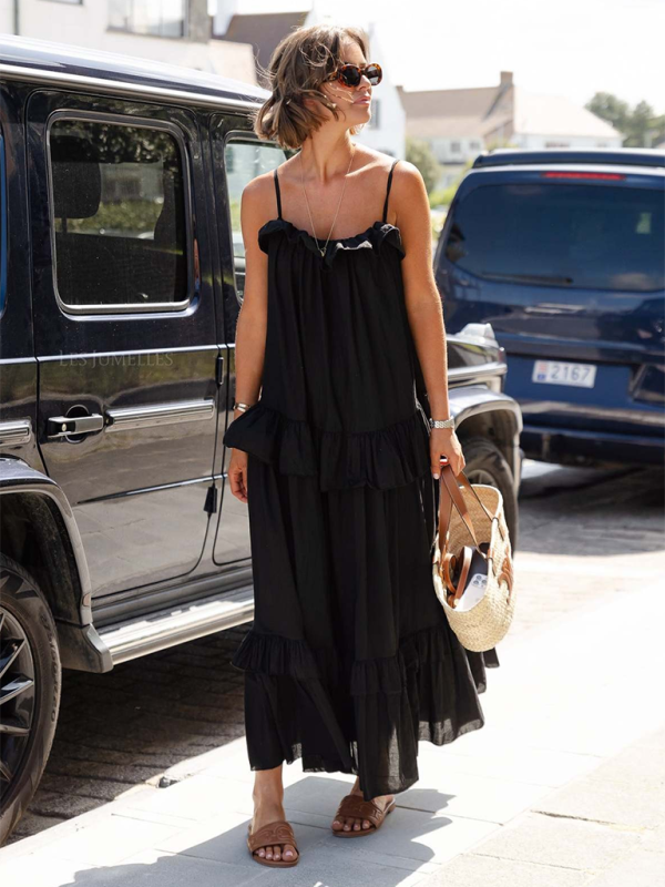 Ruffled Long Swing Holiday Dress – Lightweight Cotton Blend Beach Maxi