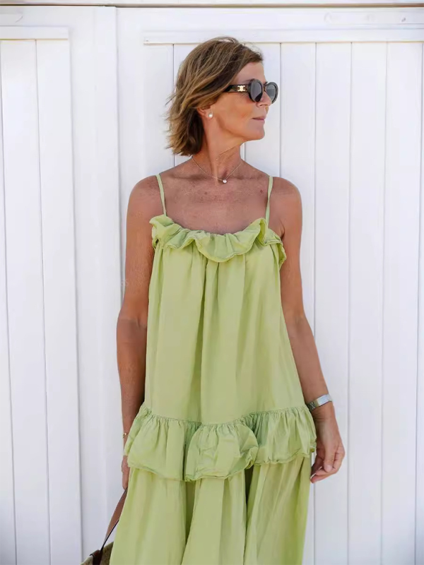 Ruffled Long Swing Holiday Dress – Lightweight Cotton Blend Beach Maxi