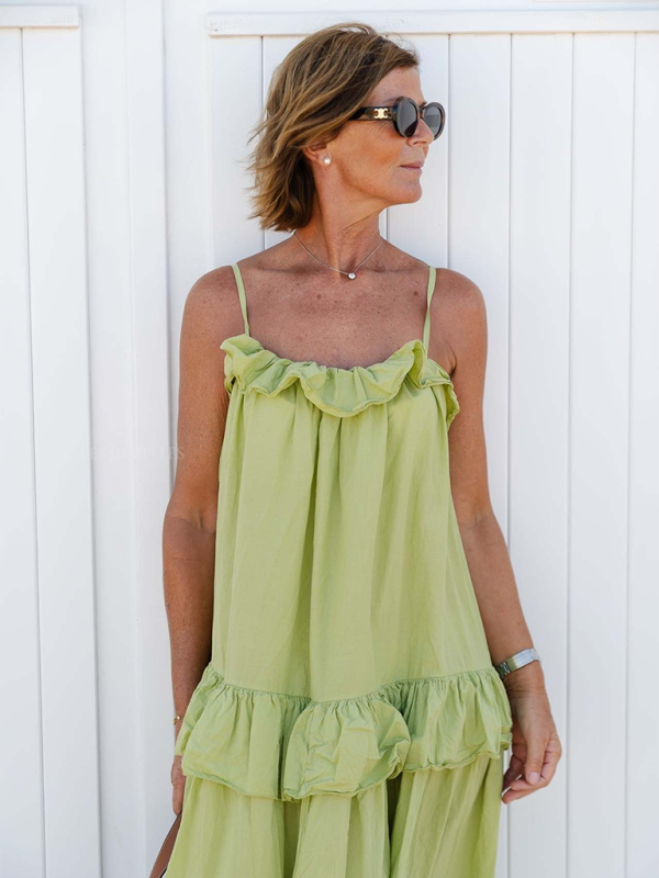 Ruffled Long Swing Holiday Dress – Lightweight Cotton Blend Beach Maxi