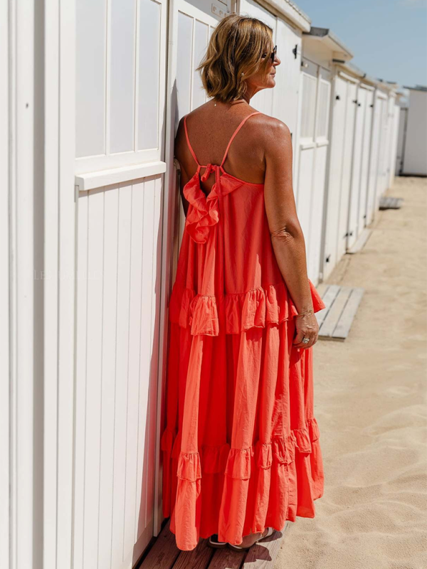 Ruffled Long Swing Holiday Dress – Lightweight Cotton Blend Beach Maxi