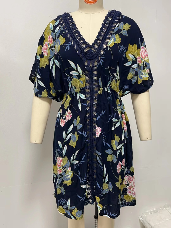 Printed Beaded Beach Cover-Up Dress – Hand-Hooked, Hollow Design