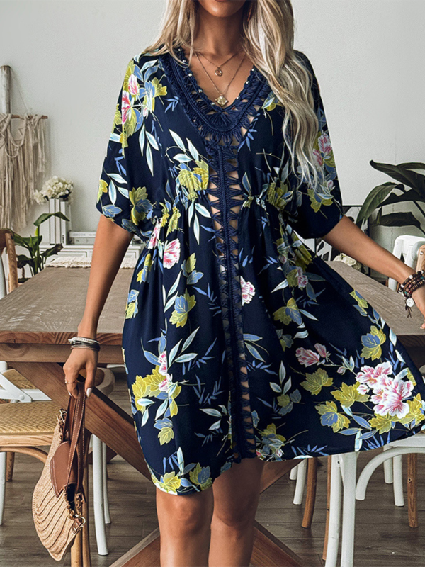 Printed Beaded Beach Cover-Up Dress – Hand-Hooked, Hollow Design