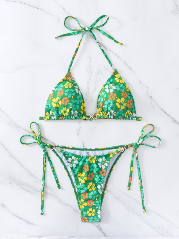 Triangle Printed Lace-Up Bikini – Sexy Fit, Moderate Stretch & Full Coverage