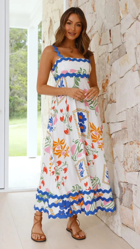 Romantic A-Line Floral Sling Dress – Lightweight Fit for Beach & Vacation