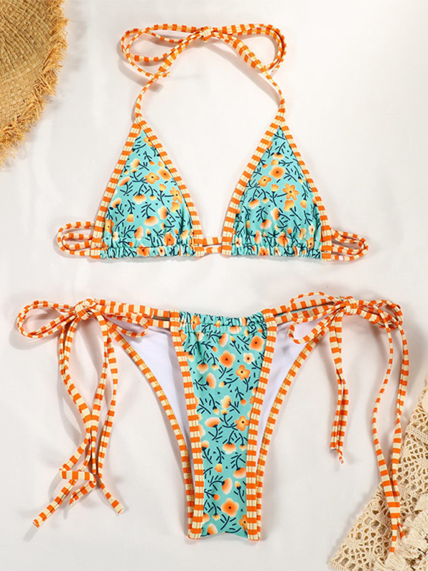 Colorblock Strappy Bikini Set – Sexy Contrast Print with Moderate Stretch