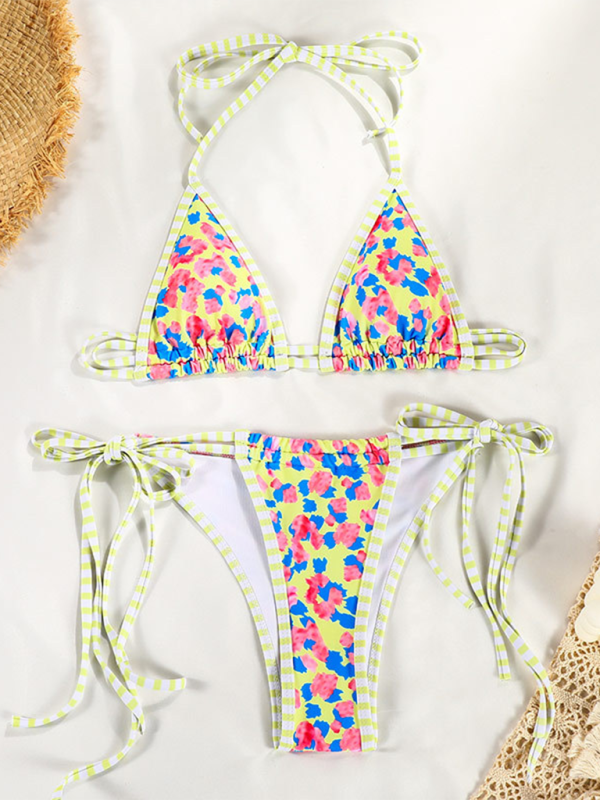 Colorblock Strappy Bikini Set – Sexy Contrast Print with Moderate Stretch