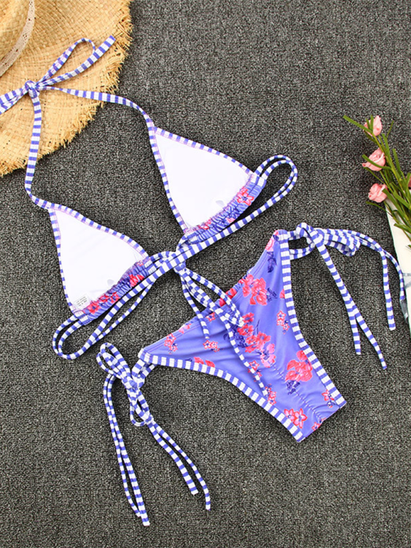 Colorblock Strappy Bikini Set – Sexy Contrast Print with Moderate Stretch