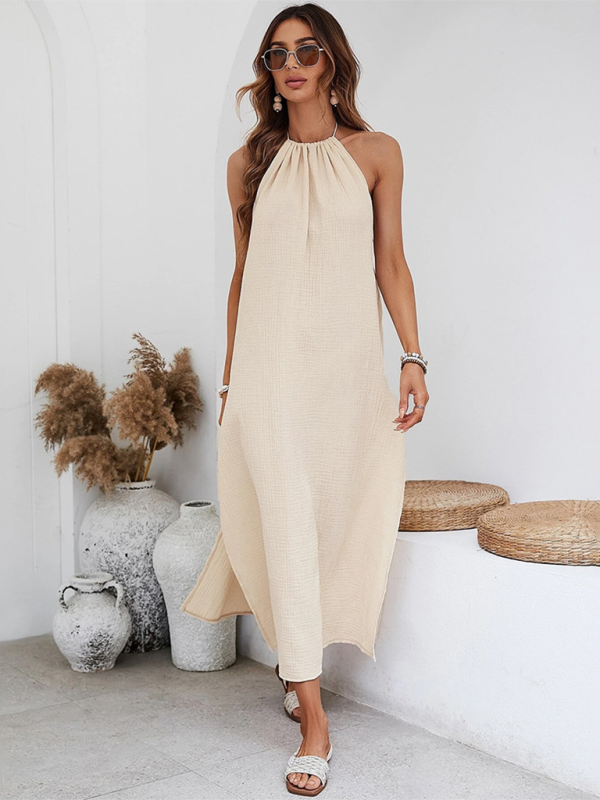Backless Halter Vacation Dress – Cotton Blend, Cracker Khaki, Lightweight & Breezy