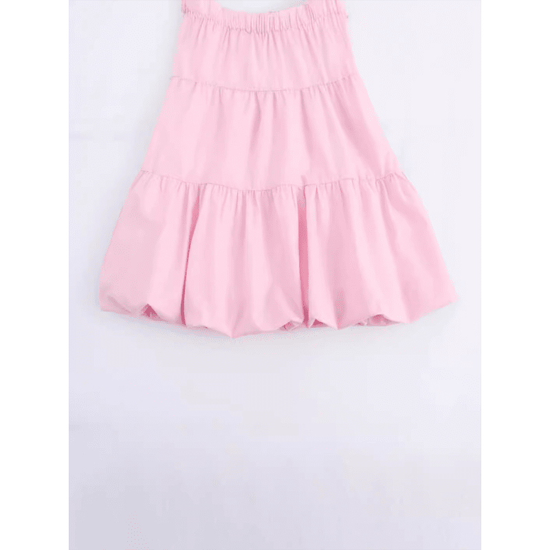 فستان ميني رومانسي بكشكشة وحمالات - وردي من البوليستر المنسوج ابتسامة ماريا - كل شيء للنساء 34651451