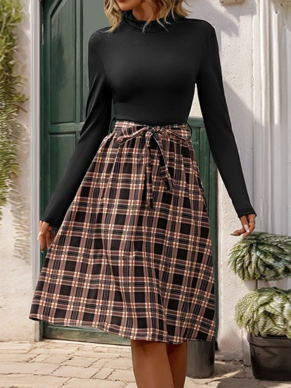 Elegant Plaid Knit Long Dress – Stand Collar Slim Fit, Autumn-Winter Style