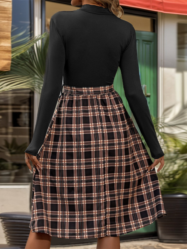 Elegant Plaid Knit Long Dress – Stand Collar Slim Fit, Autumn-Winter Style