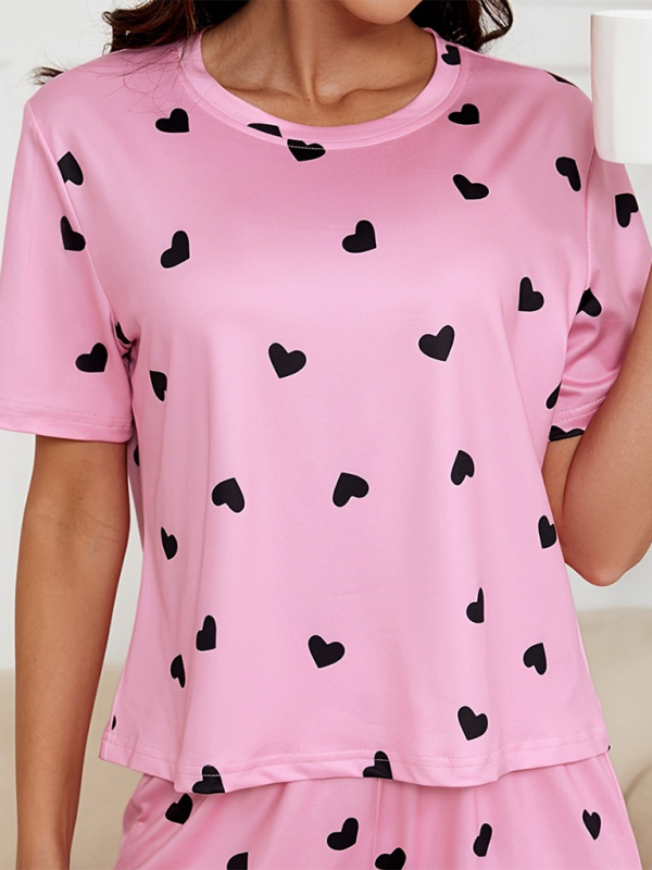 Heart Print Knit Pajama Set – Soft Short Sleeve Top & Shorts Lounge Set