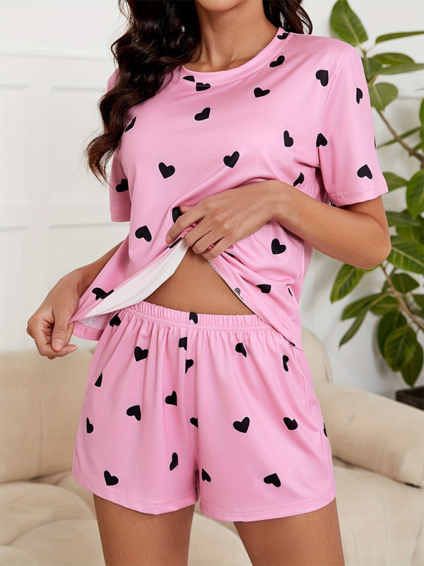 Heart Print Knit Pajama Set – Soft Short Sleeve Top & Shorts Lounge Set