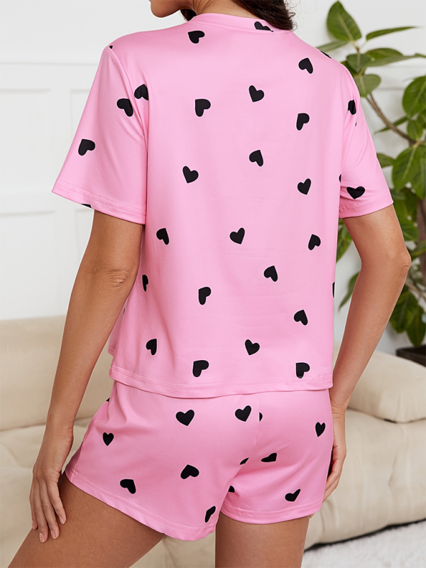 Heart Print Knit Pajama Set – Soft Short Sleeve Top & Shorts Lounge Set