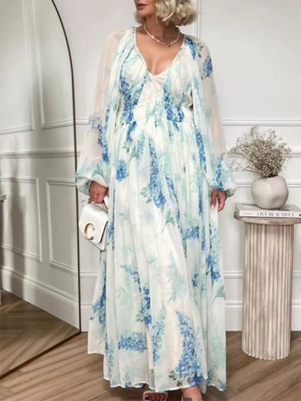 Sheer V-Neck Long-Sleeve Maxi Dress – Pleated Waist & Chiffon Floral Print