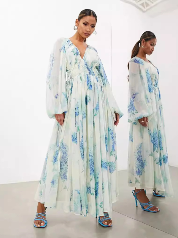 Sheer V-Neck Long-Sleeve Maxi Dress – Pleated Waist & Chiffon Floral Print
