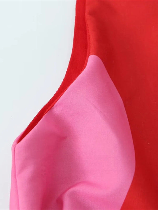 Red Hollow-Detail Printed Dress – Woven Cotton Blend, Spring-Summer Style