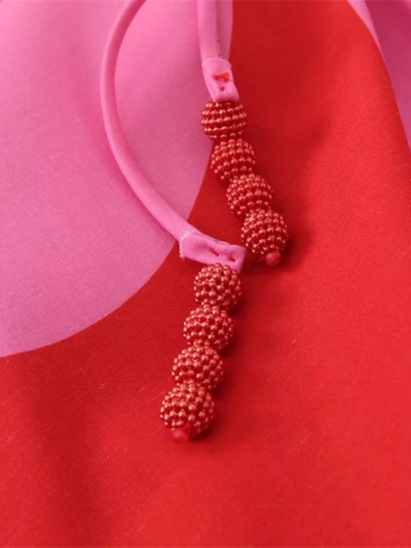 Red Hollow-Detail Printed Dress – Woven Cotton Blend, Spring-Summer Style