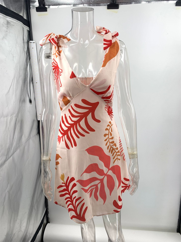 Deep V-Neck Printed Short Dress – Lightweight Woven Style for Summer