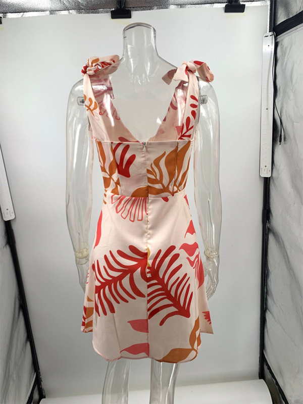 Deep V-Neck Printed Short Dress – Lightweight Woven Style for Summer