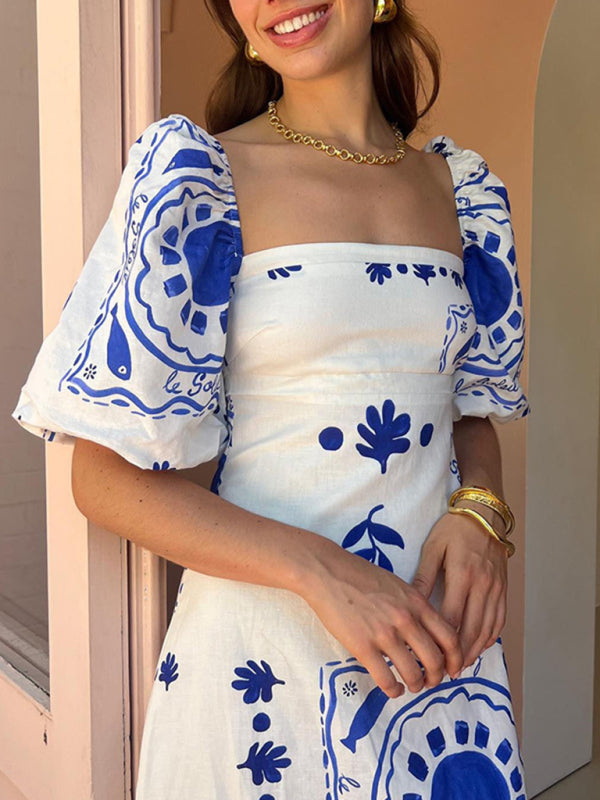 One-Shoulder Printed Lantern Sleeve Midi Dress – Linen Blend