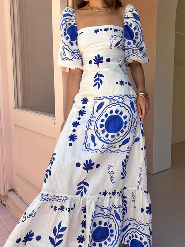 One-Shoulder Printed Lantern Sleeve Midi Dress – Linen Blend