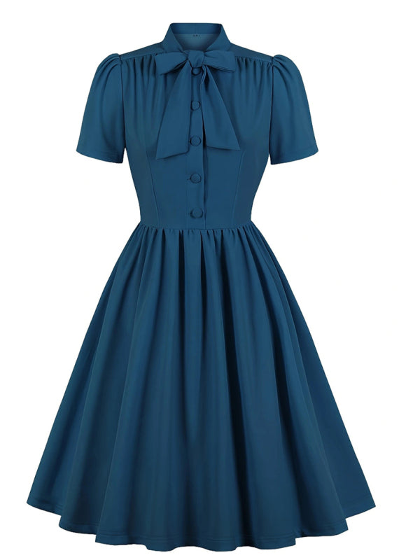 Solid Color Lace-Up Swing Dress – Graceful Midi Style with Stand Collar