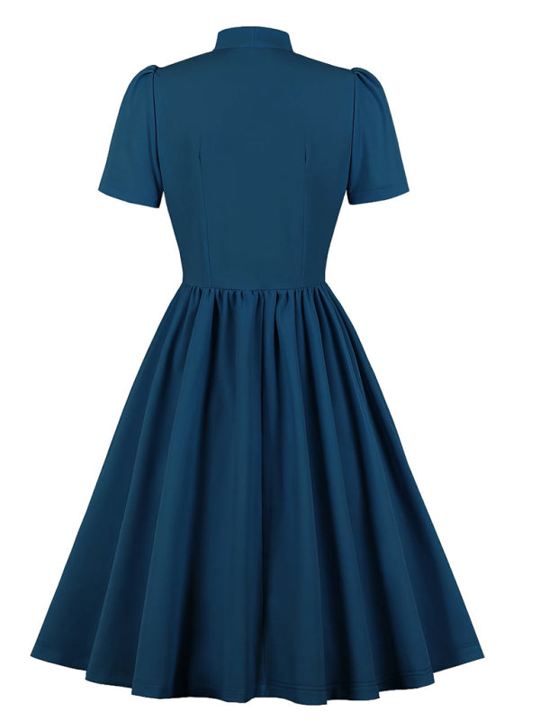 Solid Color Lace-Up Swing Dress – Graceful Midi Style with Stand Collar