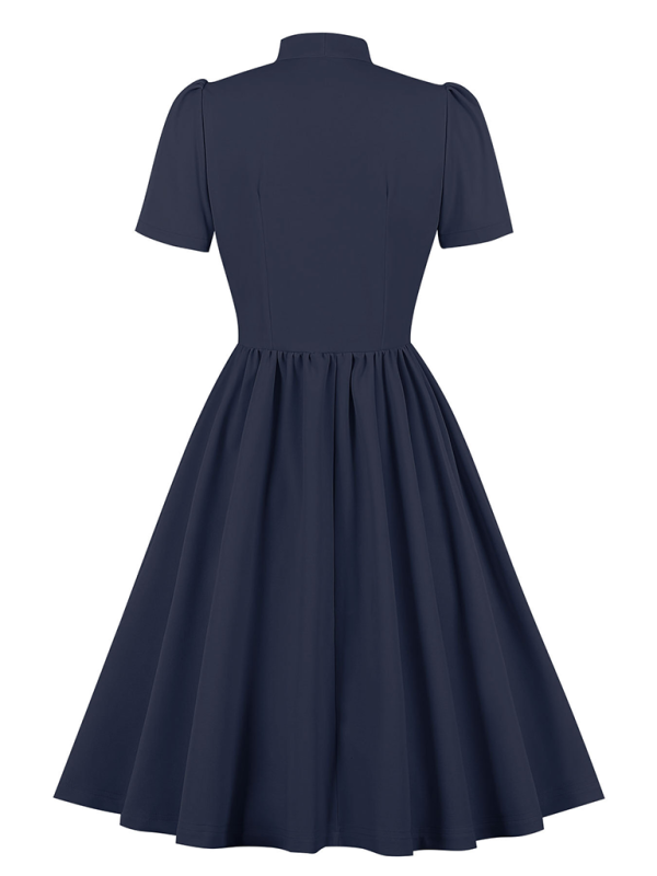 Solid Color Lace-Up Swing Dress – Graceful Midi Style with Stand Collar