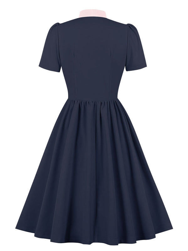 Solid Color Lace-Up Swing Dress – Graceful Midi Style with Stand Collar