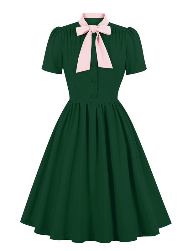 Solid Color Lace-Up Swing Dress – Graceful Midi Style with Stand Collar