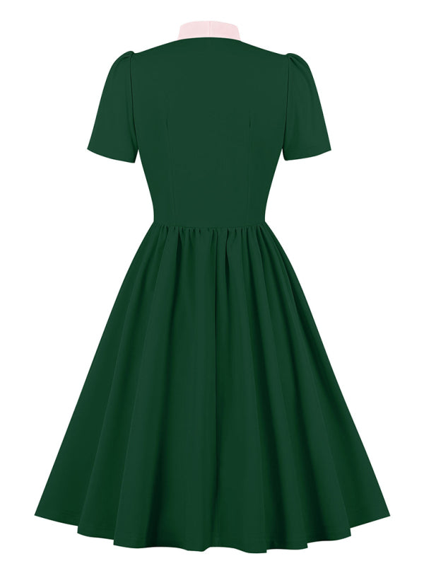 Solid Color Lace-Up Swing Dress – Graceful Midi Style with Stand Collar