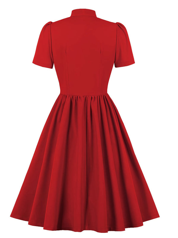 Solid Color Lace-Up Swing Dress – Graceful Midi Style with Stand Collar