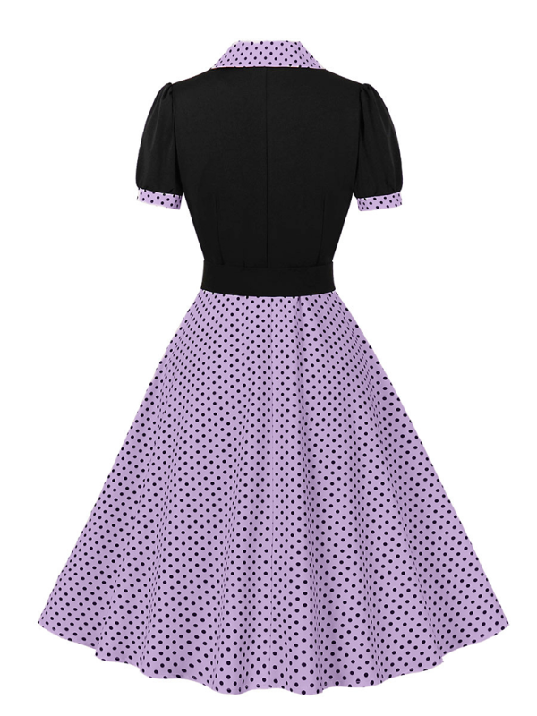 Polka Dot Lapel Belted Midi Dress – Short Sleeve, Slim Fit, Spring Style