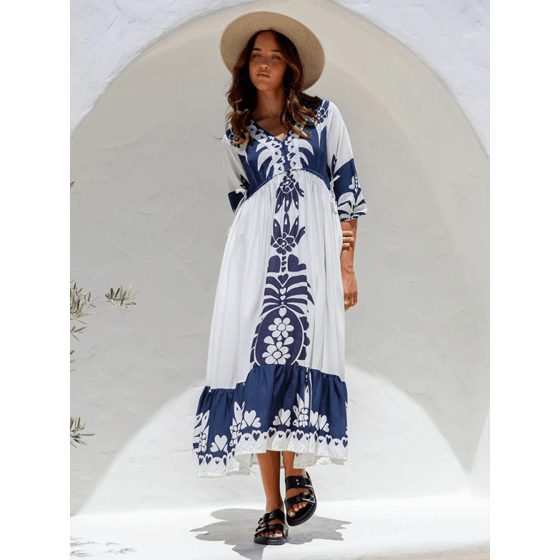 printed-v-neck-midi-dress---half-sleeve-drawstring-waist-casual-fitsmiling-maria---everything-for-women-34647509
