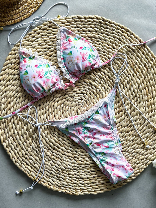 Floral Lace-Up Bikini Set – Adjustable Top, Brazilian Cut, Moderate Stretch