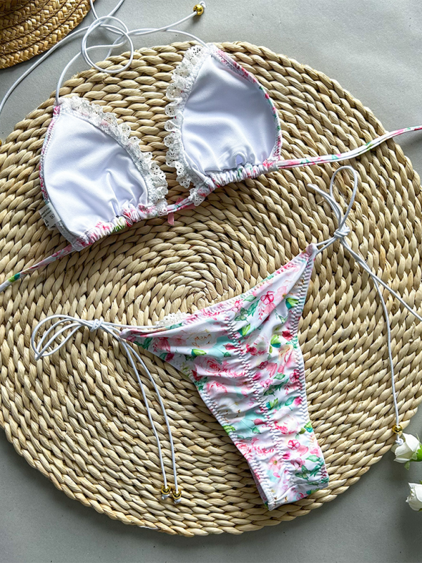 Floral Lace-Up Bikini Set – Adjustable Top, Brazilian Cut, Moderate Stretch