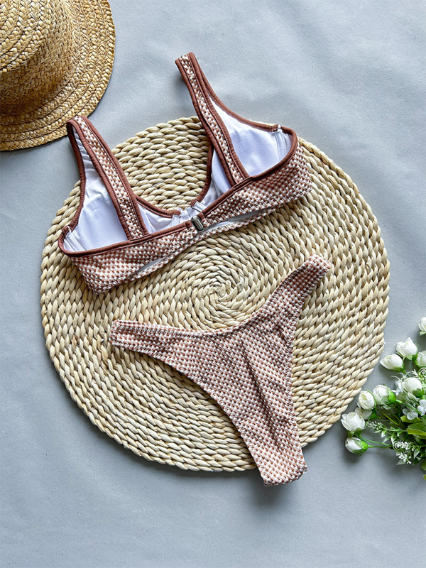 Plaid Two-Piece Bikini Set – Sexy Knit Swimsuit with Moderate Stretch